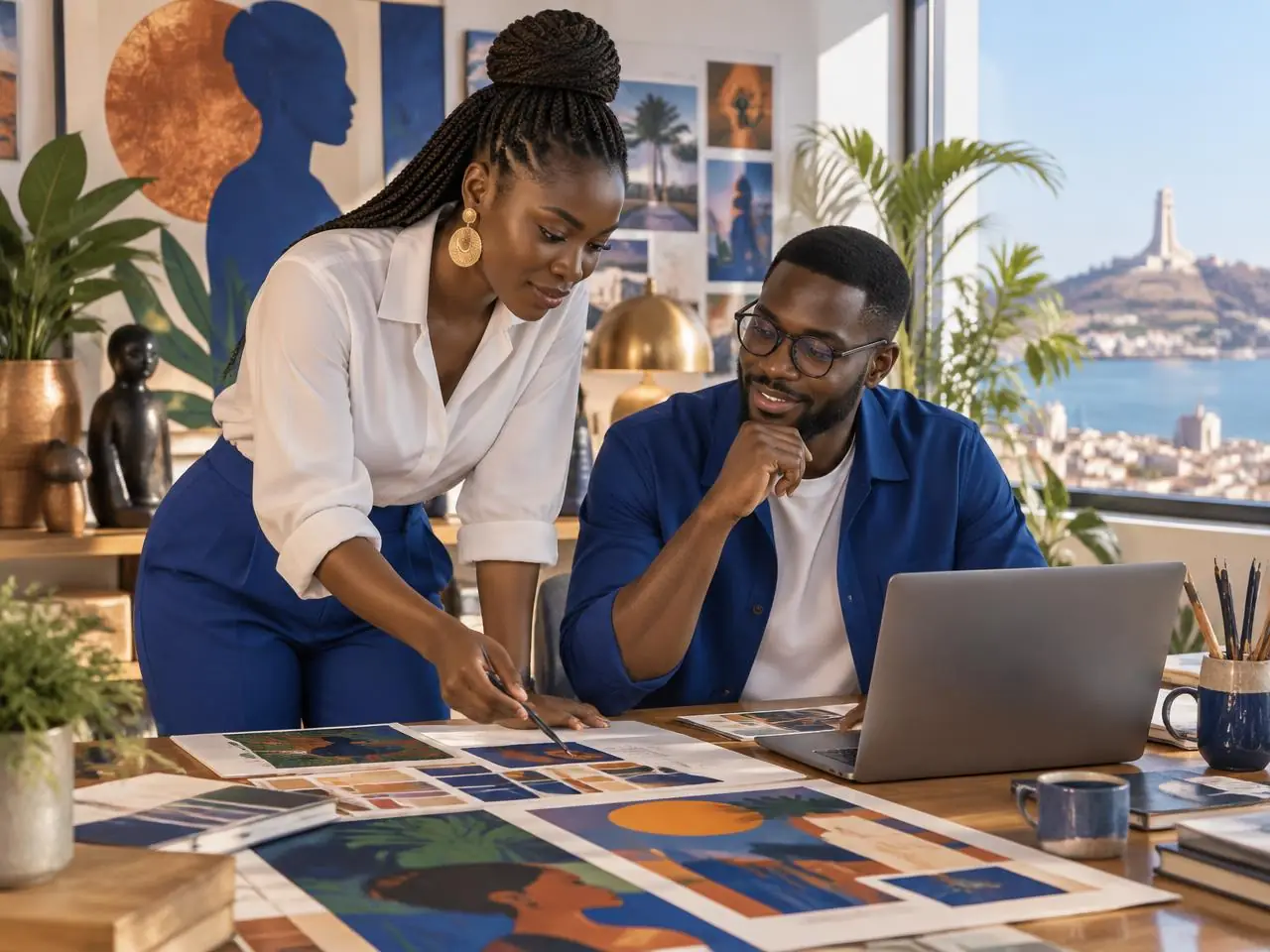 Scène d’ambiance illustrative : créatifs travaillant ensemble à Dakar